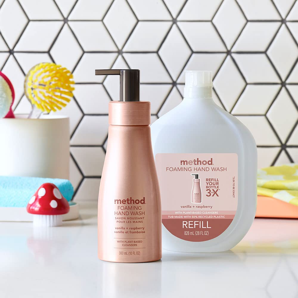 Method Jabón de Manos Espumante Premium 10 fl oz | Vainilla + Frambuesa, Pack de 3, Botella de Aluminio Rosado Reutilizable, Fórmula Biodegradable