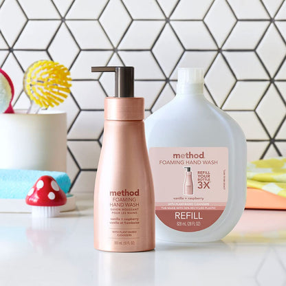 Method Jabón de Manos Espumante Premium 10 fl oz | Vainilla + Frambuesa, Pack de 3, Botella de Aluminio Rosado Reutilizable, Fórmula Biodegradable