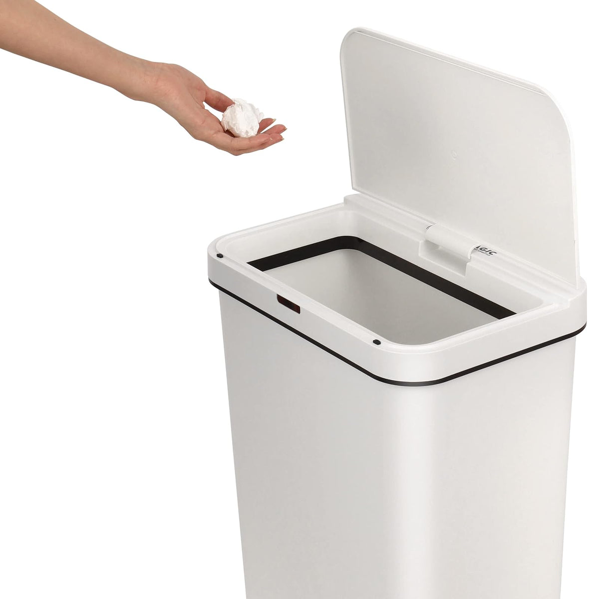 SIMPLI-MAGIC 79502 Bote de basura con sensor sin contacto de 13 galones, cubeta de basura rectangular, perfecto para el hogar, cocina, oficina, color blanco