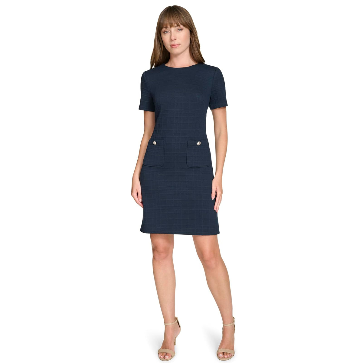 Tommy Hilfiger Short Sleeve High Neck Novelty Button Sheath Mini Dress Vestido Mujer