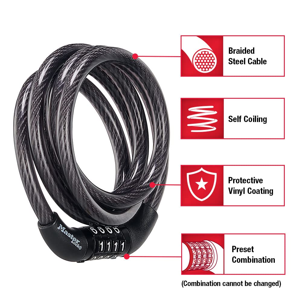 Master Lock - Juego de cerradura de bicicleta con combinación preestablecida, color negro, con un revestimiento de vinilo resistente a la intemperie para equipos al aire última intervensión,
