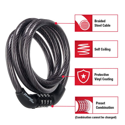 Master Lock - Juego de cerradura de bicicleta con combinación preestablecida, color negro, con un revestimiento de vinilo resistente a la intemperie para equipos al aire última intervensión,
