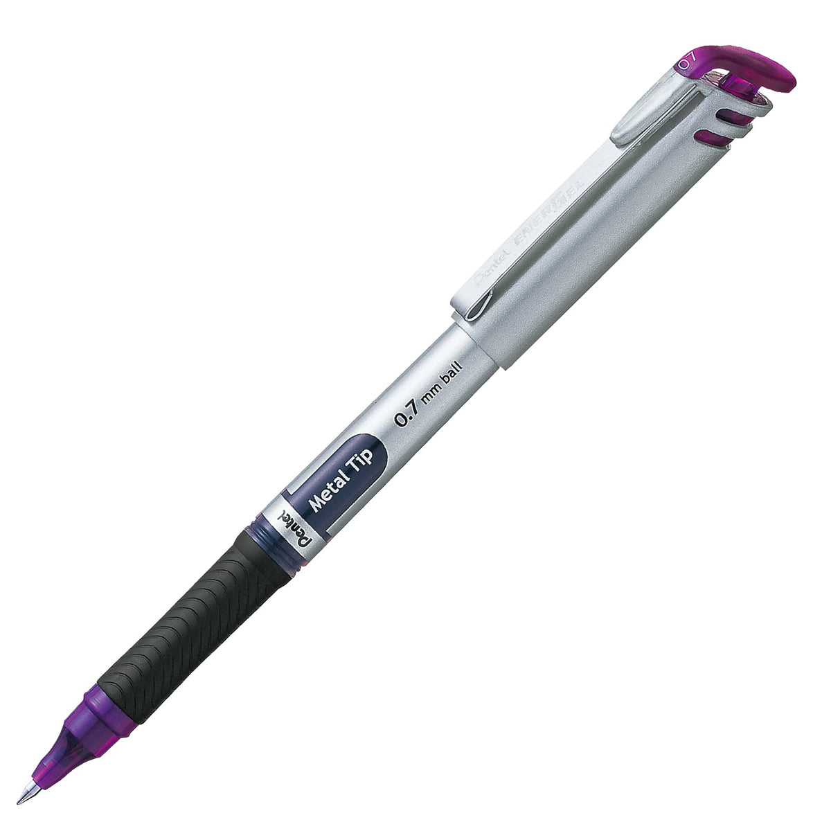 Pentel EnerGel Bolígrafo de Gel Líquido, Punto Fino, 0.7 mm, Cuerpo Plateado, Tinta Violeta, Caja con 12 Piezas, BL17-V