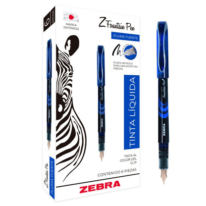 Zebra Pluma Fuente Z Fountain Pen Punta Metálica Caja 6 Piezas (Azul)