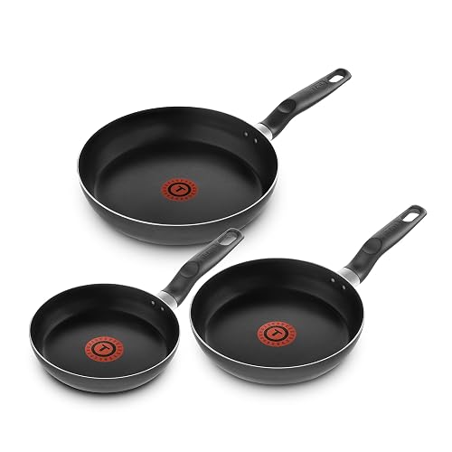 T-FAL Juego de sartenes easy cook negro cubierta antiadherente para una cocina fácil con indicador de calor thermo-señal y base de difusión. Medidas de sartén 20, 24 y 26 cm, B4440482AMAM