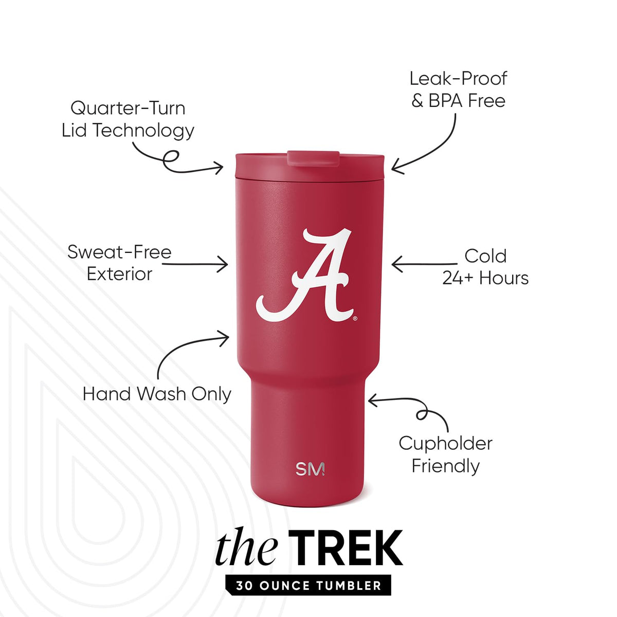 Simple Modern - Vaso con licencia oficial de Alabama Crimson Tide de 30 onzas con tapa abatible y popotes | Copa aislada de acero inoxidable | Regalos para hombres y mujeres | Colección Trek |