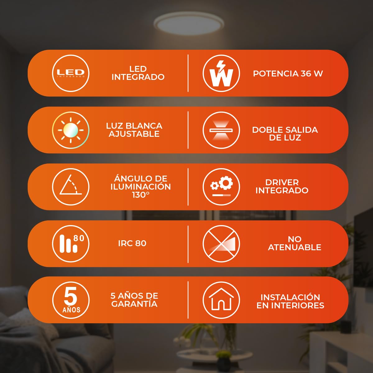 Tecnolite - Lámpara de Techo Plafón LED 36 W, Luz Blanca Ajustable con Aro de Luz, No atenuable