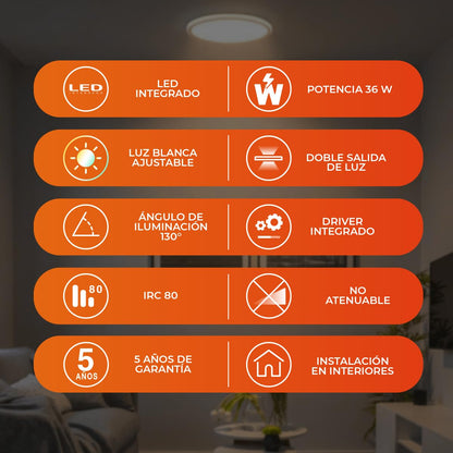 Tecnolite - Lámpara de Techo Plafón LED 36 W, Luz Blanca Ajustable con Aro de Luz, No atenuable