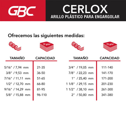 GBC Arillo plastico CERLOX 38 aros, Color negro, Bolsa con 25 de 1". M080610