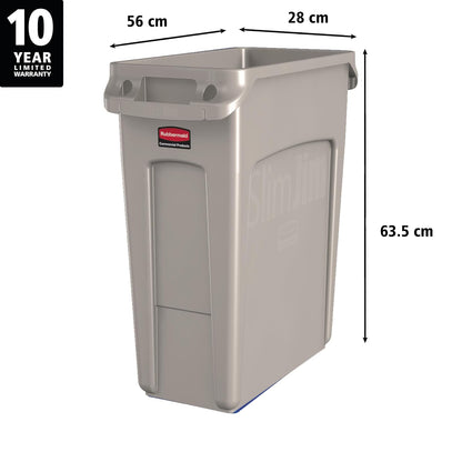 Rubbermaid Commercial Products Slim Jim® – Contenedor de Basura de Alta Resistencia, Bote con Canales de Ventilación y Cinchos para Fácil Extracción de Bolsas, Capacidad de 61 L, Beige 1971259