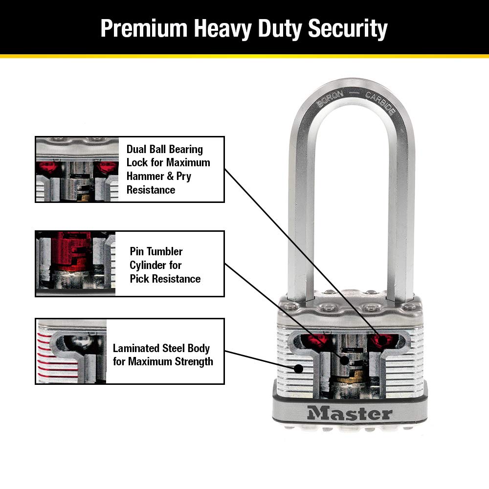 Master Lock M5XKADCCSEN Candado laminado de magnesio 2 Ancho de acero 0.95 cm de diámetro, Juego de grillete de 2.54 cm, Paquete de 1, 2-1/2-Inch Shackle, N/A