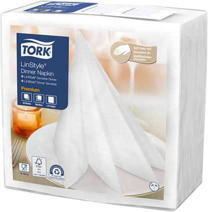 Tork Servilletas de Papel Premium LinStyle Sensación Tela – Servilleta Desechable Elegante para Mesa Restaurante y Eventos, 19.5x19.5 cm, Blanca – 12 Paquetes x 50 Piezas (600 Piezas)