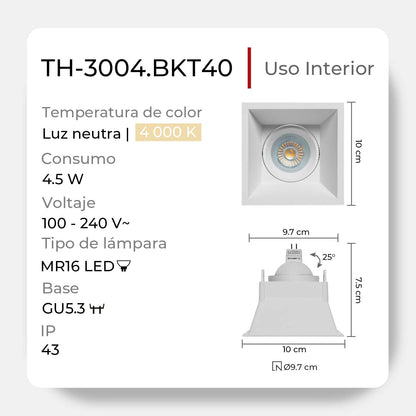 ILLUX Lámpara de empotrar en plafón, Uso en interior, Lampara moderna y Elegante, Incluye foco MR16 de luz Neutra 4.5 W, Color Blanco, lampara para recamara, sala, cocina TH-3004.BKT40,