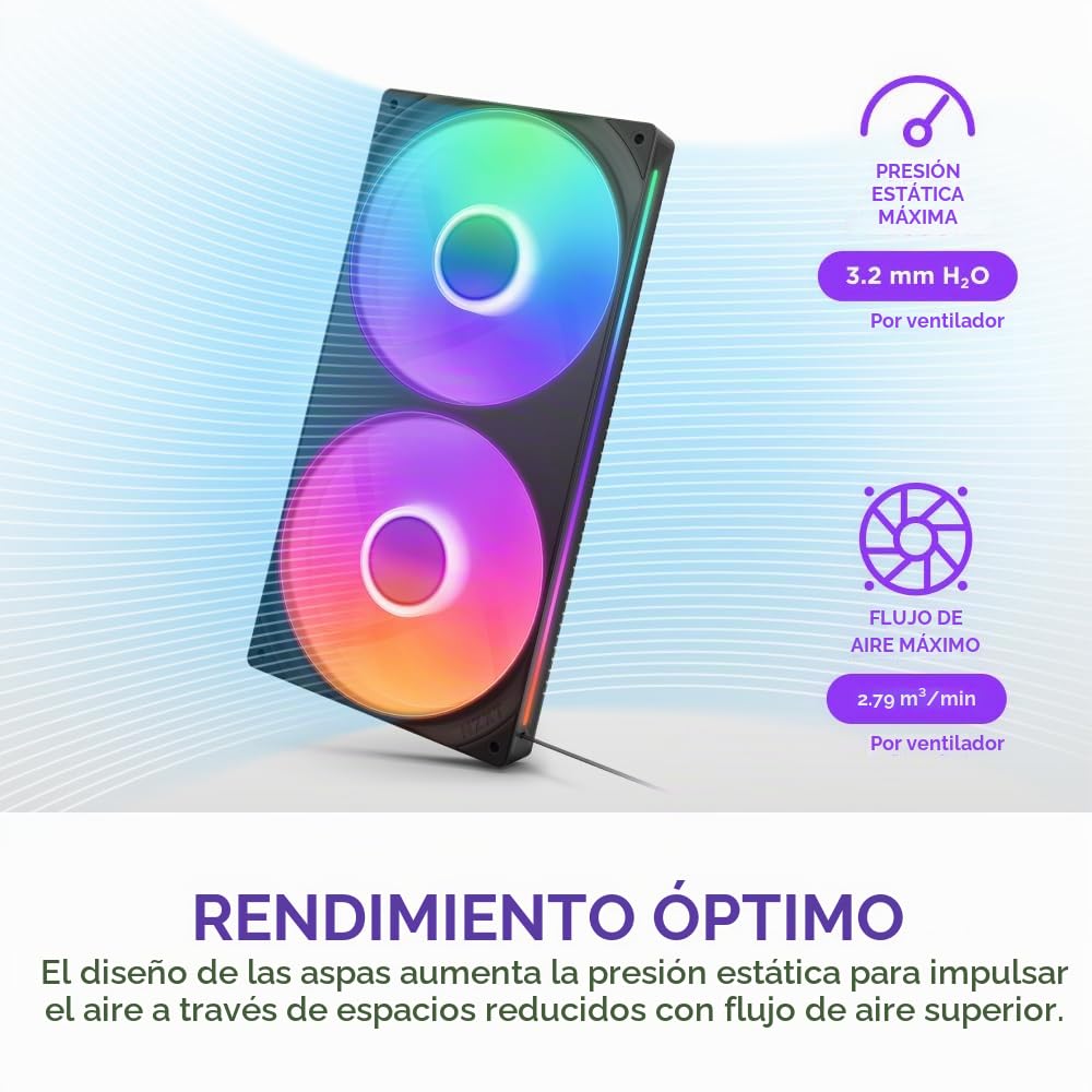 NZXT F280 RGB Core - Ventilador marco único de 280 mm, 2 unidades 140 mm, control de velocidad/iluminación; alta presión estática y flujo de aire, rodamientos dinámicos de fluidos, 8 LED aRGB, negro