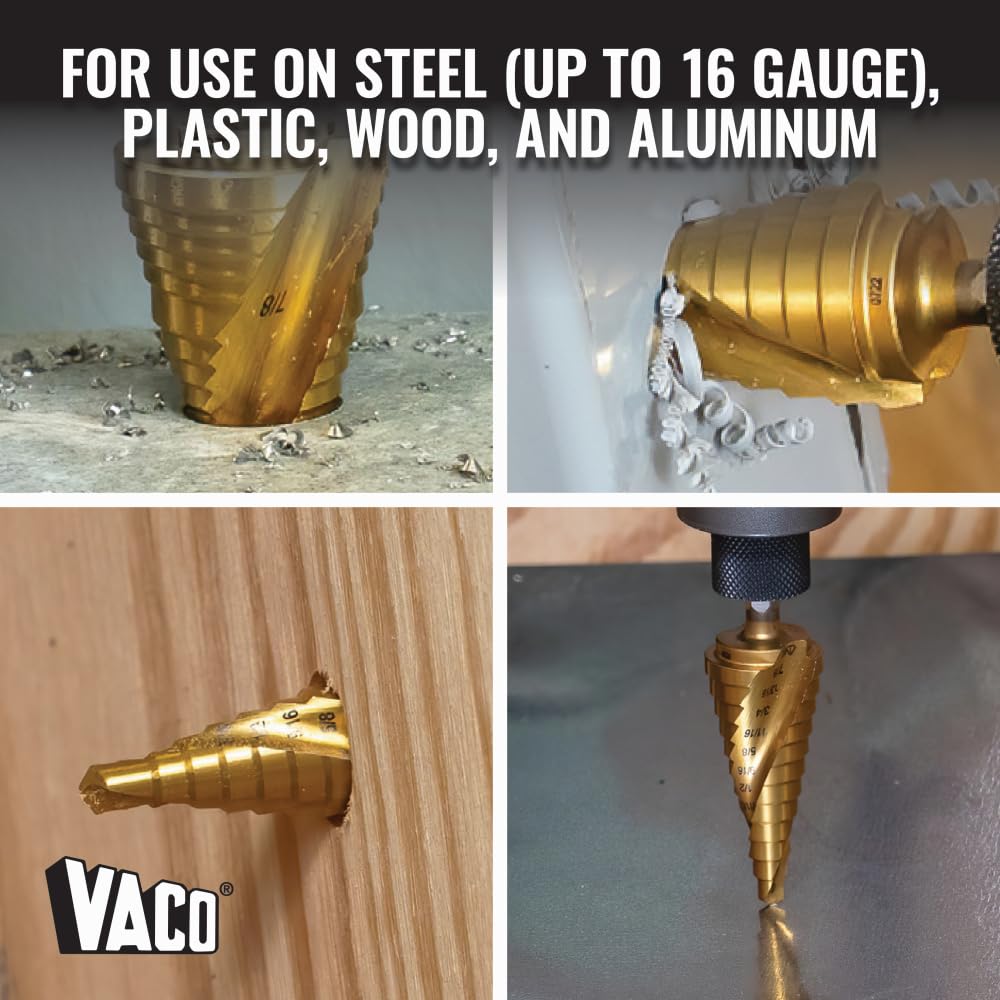 Klein Tools 25962 Broca escalonada, 3/16 a 7/8 pulgadas, espiral de doble vuelta, corta metal fino, plástico, aluminio, madera, vástago hexagonal de 1/4 pulgadas, VACO