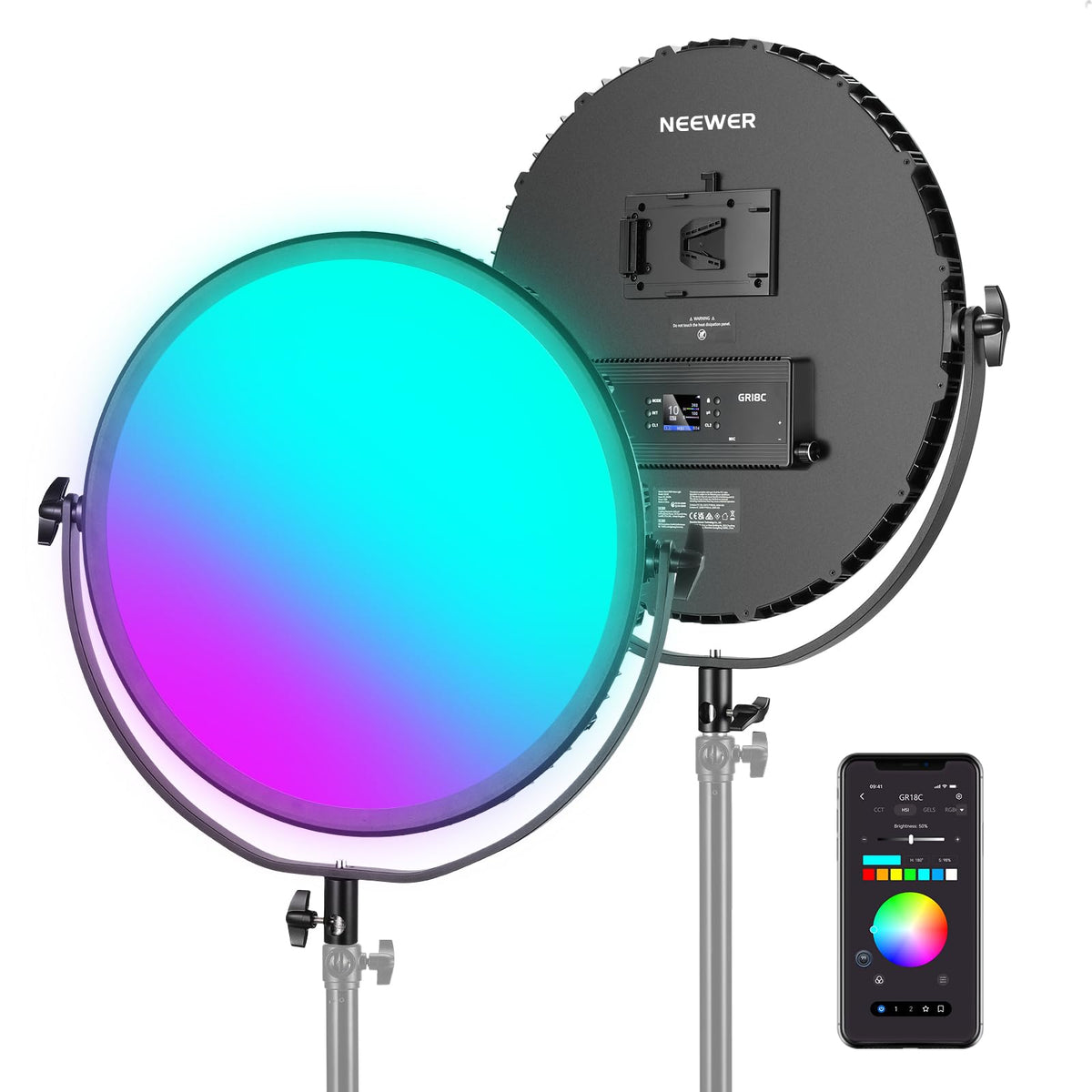 NEEWER 18" RGB LED Redondo Panel Luz Vídeo con Control App, 65W 6000Lux/0.5m 2500K-8500K RGBCW Iluminación Estudio Fotografía /18 Escenas/V Batería Alimentada para Exterior Grabación Streaming, GR18C
