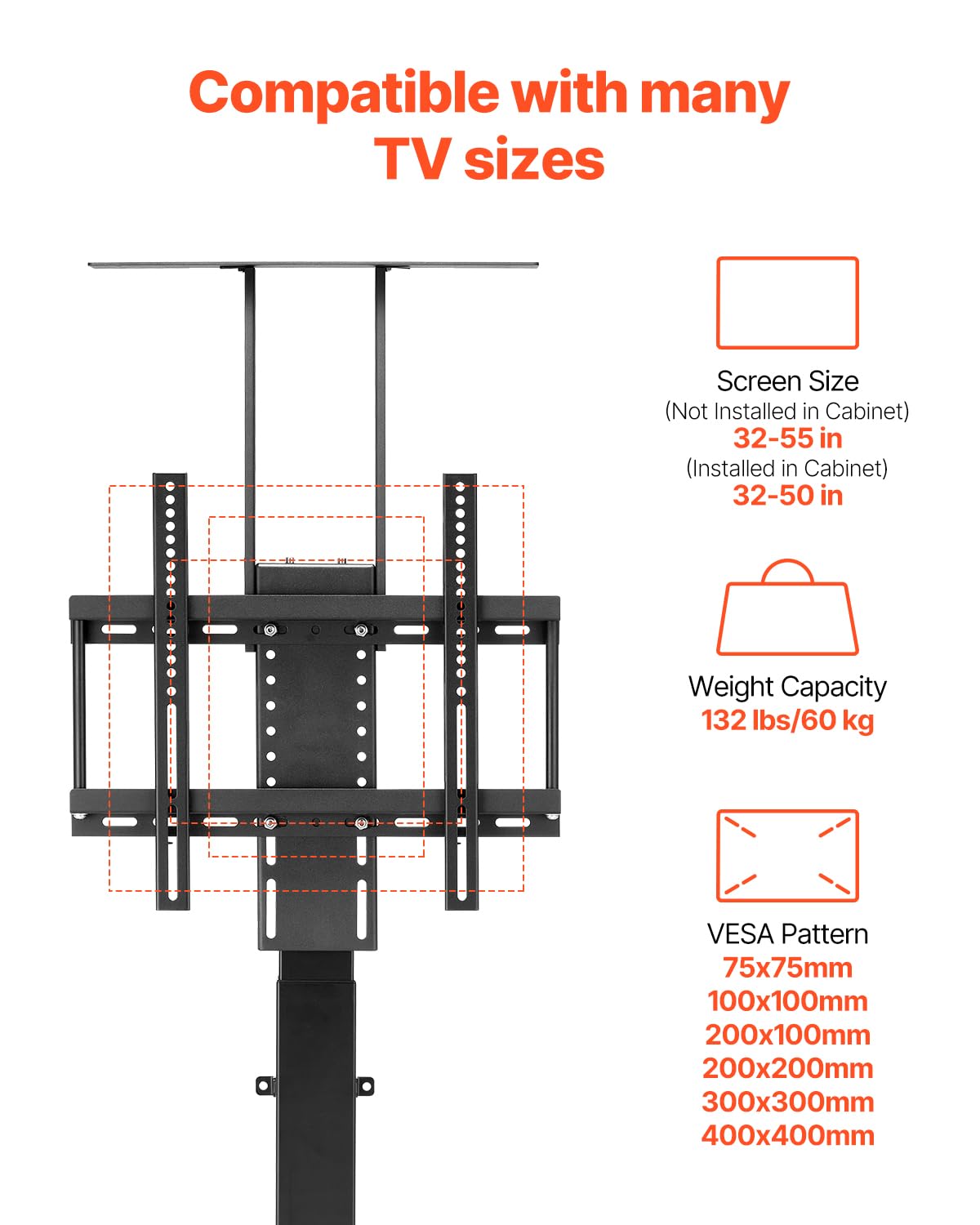VEVOR Soporte de TV Motorizado, con Carga Máxima de 60 kg, Soporte de TV Eléctrico Vertical con Control Remoto, para Televisores de 32 a 55/32 a 50 Pulgadas, 485 x 175 x (600-1535) mm