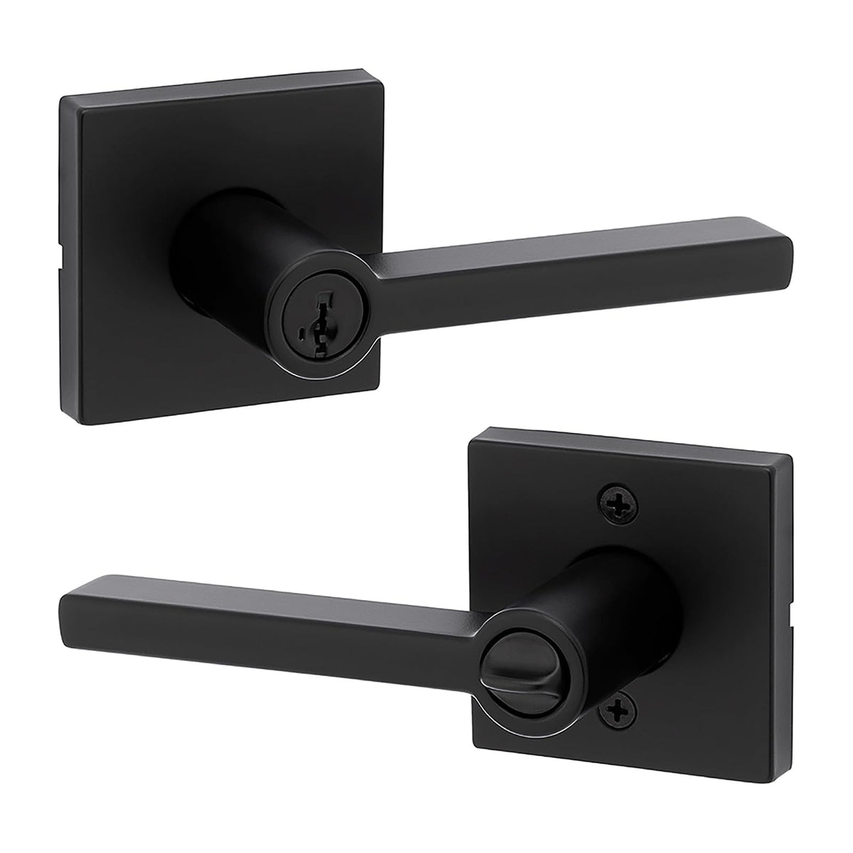 Kwikset Halifax - Manija de puerta de entrada con cerradura y llave, palanca reversible con llave segura, exterior, para entrada frontal y dormitorios, negro mate, resistente a las púas Smartkey Rekey