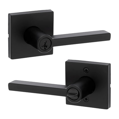 Kwikset Halifax - Manija de puerta de entrada con cerradura y llave, palanca reversible con llave segura, exterior, para entrada frontal y dormitorios, negro mate, resistente a las púas Smartkey Rekey