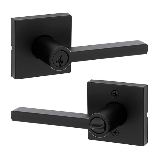 Kwikset Halifax - Manija de puerta de entrada con cerradura y llave, palanca reversible con llave segura, exterior, para entrada frontal y dormitorios, negro mate, resistente a las púas Smartkey Rekey
