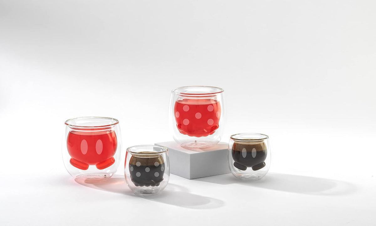 JoyJolt Mickey Pants and Minnie Skirt 3D - Juego de 2 tazas de café de vidrio de doble pared de 7.4 onzas, tazas de café de Disney, espresso y tazas de té, colección de vasos de doble pared, regalos