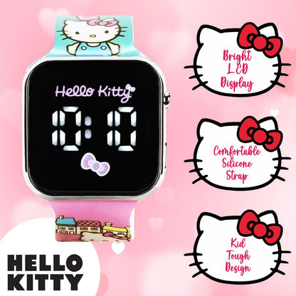 Accutime Hello Kitty - Reloj LED para niños, caja de plástico plateado, ilustraciones coloridas impresas, visualización LED blanca, correa de silicona suave, fácil de leer, ideal para niñas, mercancía