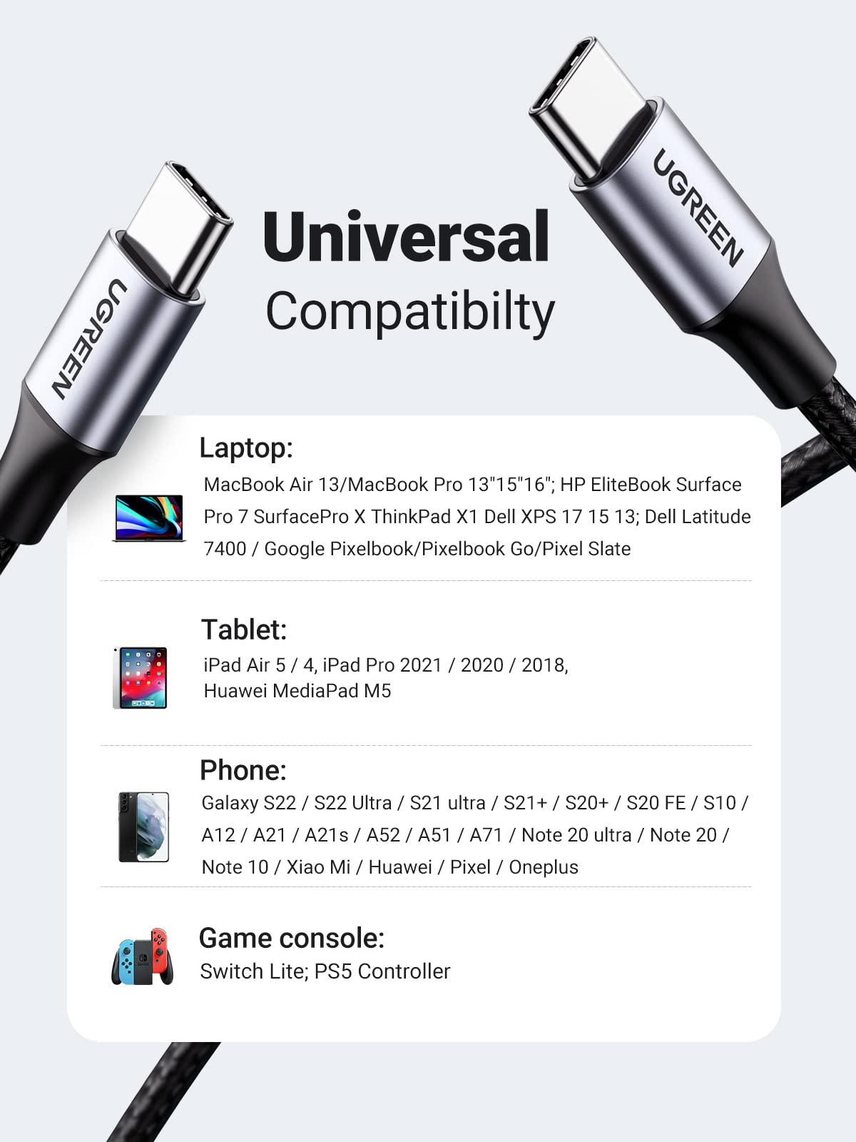 UGREEN - Cable de carga rápida con velocidad de transferencia de datos de 480 Mbps, computadoras tipo C a smartphones, sincronización de datos de 1 m, color negro