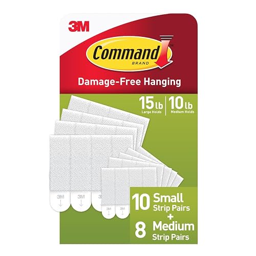 Command Paquete variado de tiras para colgar fotos, sin daños, sin herramientas, tiras para colgar en la pared para espacios de vida, blanco, 10 pares pequeños y 8 pares medianos (32 tiras)