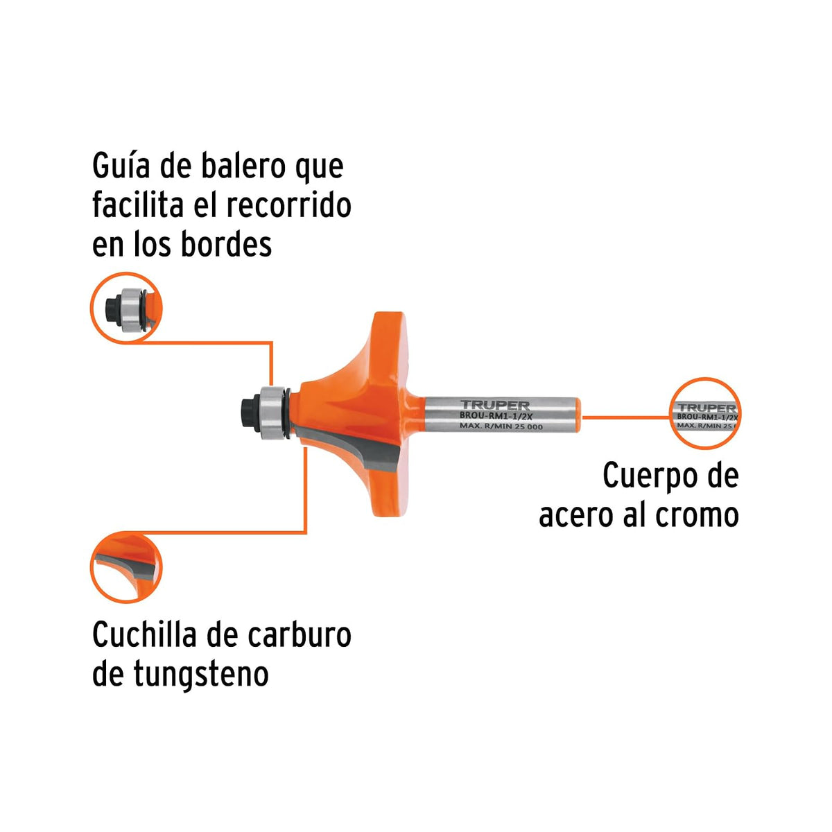 Truper BROU-RM1-1/2X, Broca para router, redondeado con moldura con balero, 1-1/2"