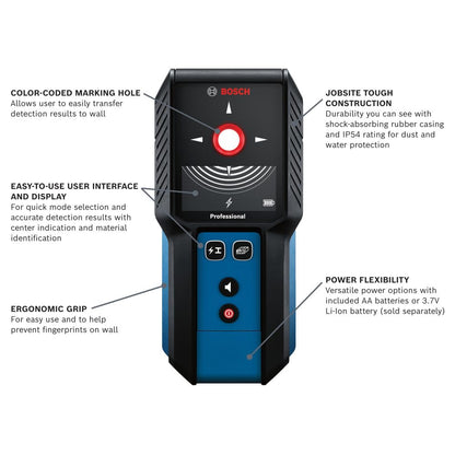 Bosch GMS120-27 Escáner de Pared | Escáner detector de pared multifunción con indicación central, buscador de pernos de metal para electricistas