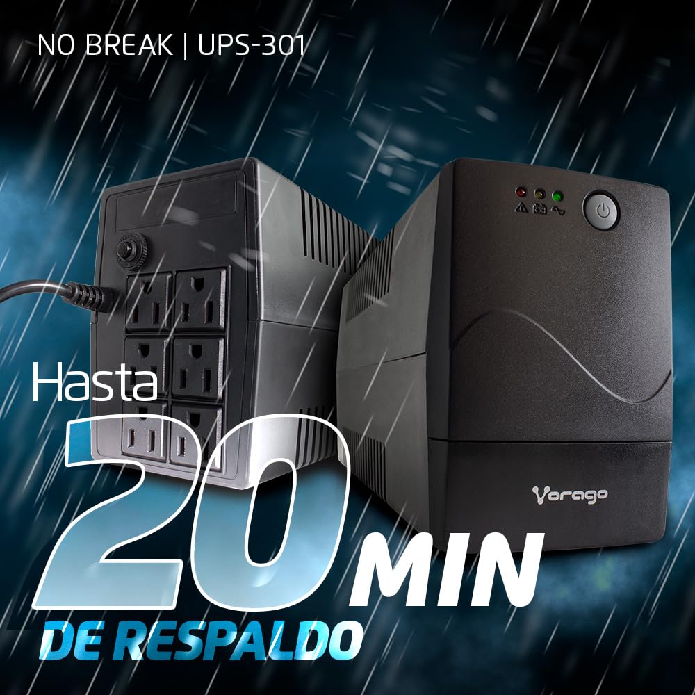Vorago No Break UPS-301 800VA 480W Regulador y Batería de Respaldo Hogar Oficina para TV, Computadoras y Consolas