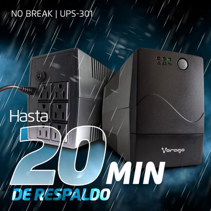 Vorago No Break UPS-301 800VA 480W Regulador y Batería de Respaldo Hogar Oficina para TV, Computadoras y Consolas
