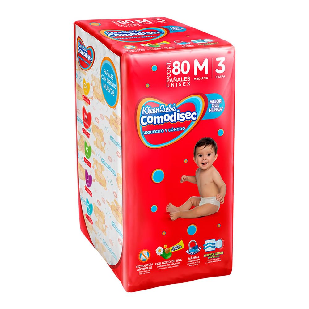 KleenBebé Comodisec Pañal Para Bebé, Tamaño Mediano, Unisex, Paquete Con 80 Pañales Desechables
