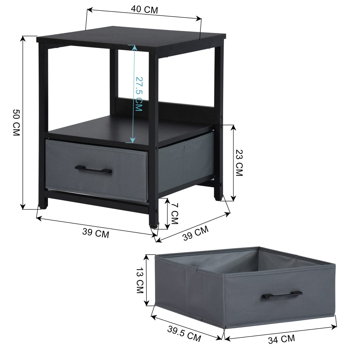 Lösen Mesita de Noche Cuadrada Mesita Auxiliar Se Puede Usar En Dormitorio Sala de Estar con Cajón de Bolsa de Tela Gris (Negro)