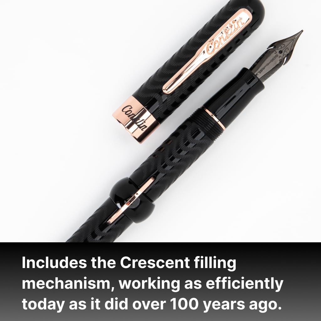 Conklin Mark Twain Crescent - Pluma estilográfica de relleno - Black Chase con ribete de oro rosa de 18 quilates, punta flexible