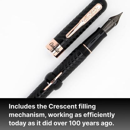 Conklin Mark Twain Crescent - Pluma estilográfica de relleno - Black Chase con ribete de oro rosa de 18 quilates, punta flexible