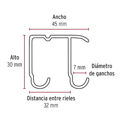 Hermex RJJ-20, Riel superior"JJ" de aluminio para puerta corrediza 2 m
