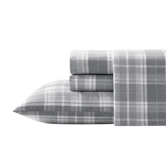 Laura Ashley Home - Juego de sábanas de Franela de algodón, cepilladas para Mayor suavidad y Comodidad (Gris a Cuadros, Queen)