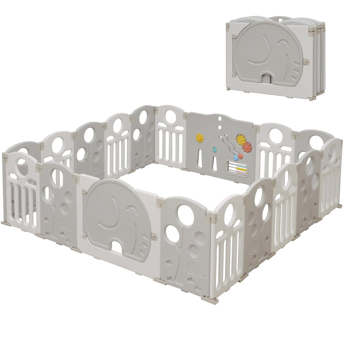 HAPPYMATY Baby Playpen, 18-Panel plegable Play Pen para bebés y niños pequeños Cerca para bebé con panel de juego Sensorial, Forma ajustable Centro de juego de actividad, Portátil y de montaje