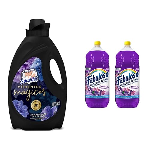 Suavitel Momentos Mágicos Suavizante de Telas Abrazo de Amor 2800ml + Fabuloso Frescura Activa, Limpiador Multiusos Líquido, Fresca Lavanda, 4L, (2 pack 2L) antiviral y antibacterial,