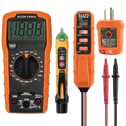 Klein Tools - Kit de prueba eléctrica de multímetro digital, probador de voltaje sin contacto, probador de tomacorrientes GFCI y probador de voltaje electrónico.MM320KIT , Negro/Naranaja/Amarillo