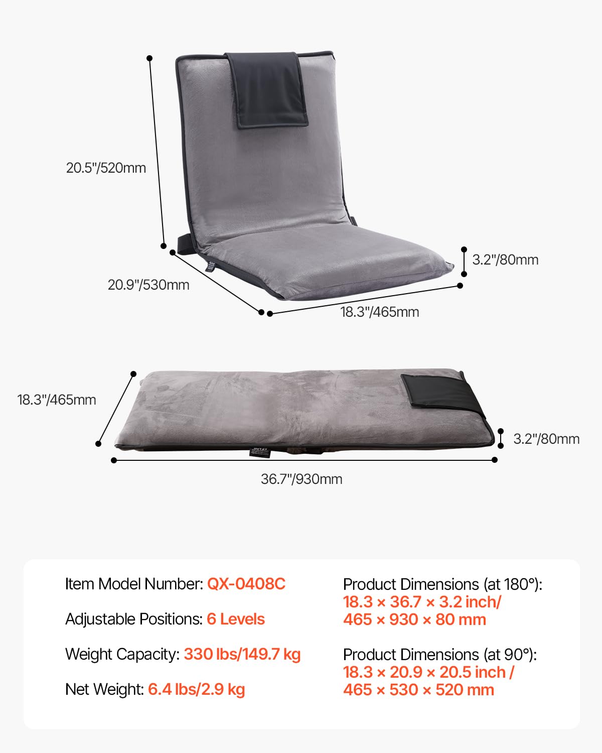 VEVOR Silla de Suelo Ajustable de 6 Posiciones con Respaldo para Meditación, Sillón Plegable 465 x 530 x 520 mm para Leer, Ver Televisión, Sillón Portátil para Niños, Adolescentes y Adultos, Gris