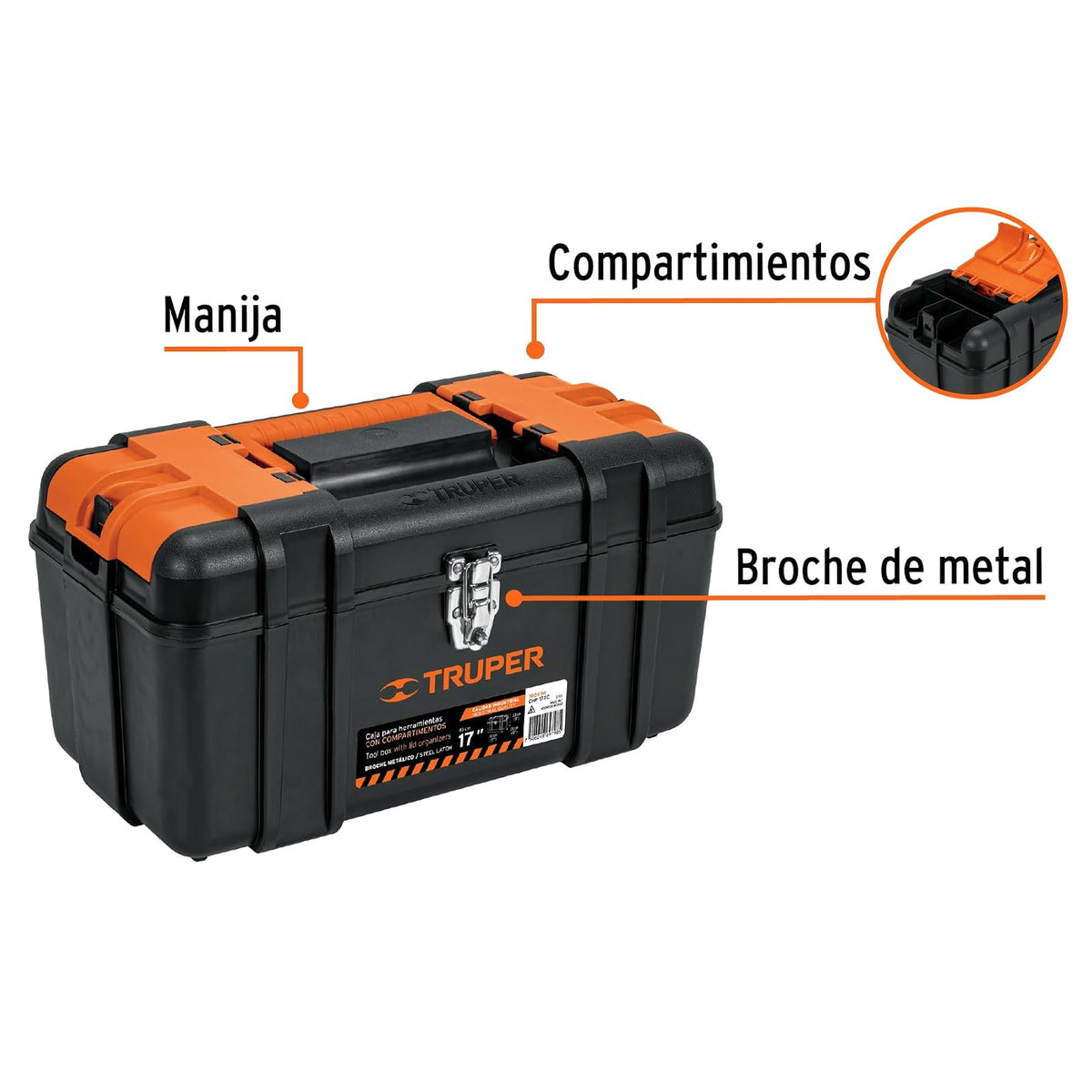 Truper CHP-17XC, Caja para herramienta 17" con compartimentos y broches metálicos