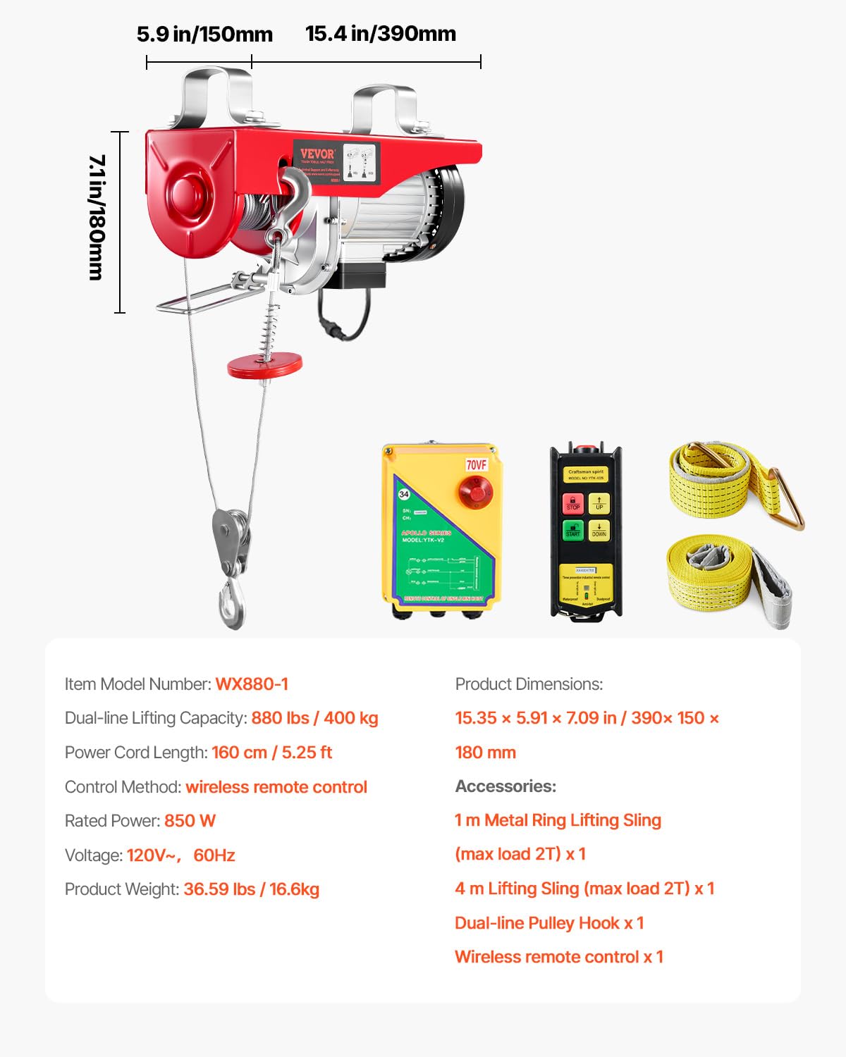 VEVOR Polipasto eléctrico, capacidad de elevación de 400 kg, cabrestante eléctrico de alambre de acero de 850 W y 110 V con control remoto inalámbrico, altura de elevación de un solo cable