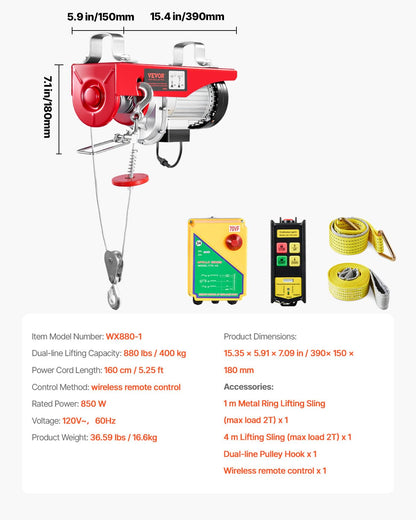 VEVOR Polipasto eléctrico, capacidad de elevación de 400 kg, cabrestante eléctrico de alambre de acero de 850 W y 110 V con control remoto inalámbrico, altura de elevación de un solo cable