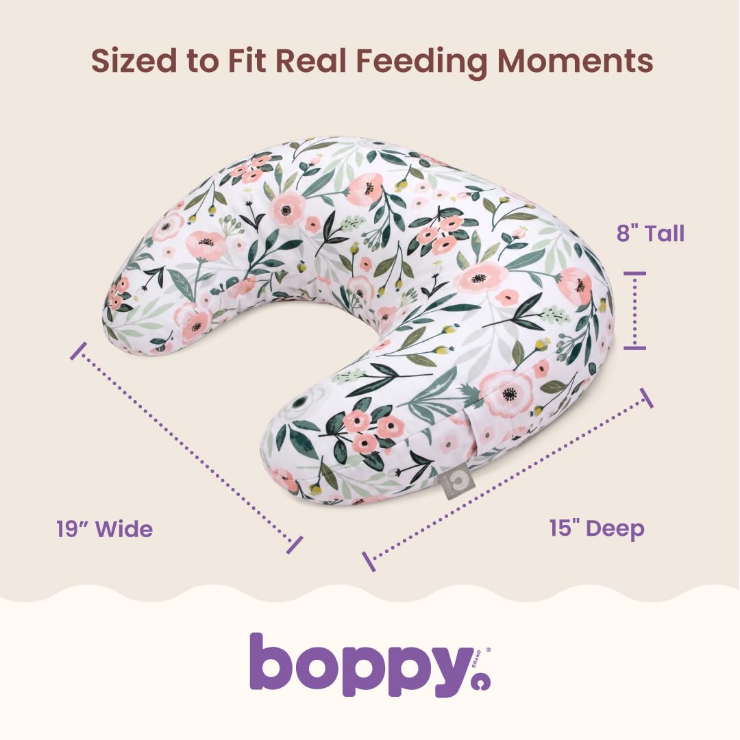 Boppy Almohada de Lactancia – Almohada ergonómica con biberón y Lactancia Materna con Alta y Firme, Gran área, cojín Repelente al Agua con Funda Lavable; Baby Safety Alliance Verified – Flores de