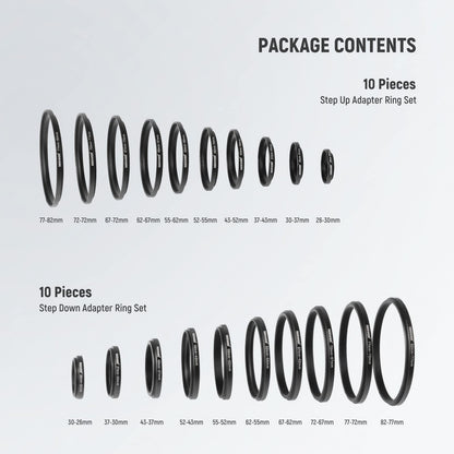 Neewer Kit de 20 Anillos adaptadores de Filtro de Lente de Metal Negro anodizado Que Incluye 10 Piezas de Anillo Adaptador Step Up + 10 Piezas de Anillo Adaptador Reductor