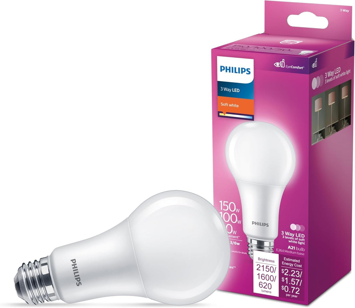 Philips foco LED Basic esmerilada A21 no regulable, tecnología EyeComfort, 2150 lúmenes, blanco suave (2700 K), 18,5 W = 150 W, base E26, interior, 1 paquete