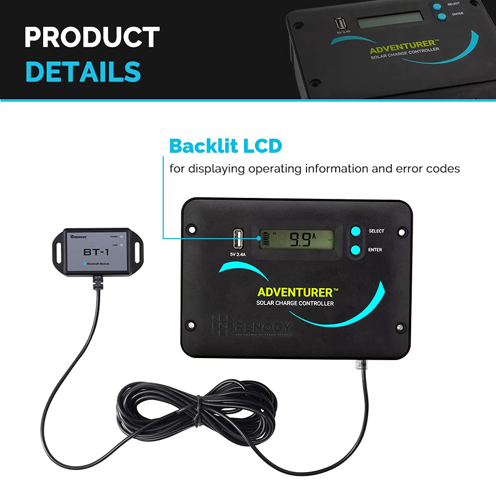 Renogy Kit Solar Monocristalino RV 200W 12V Adventurer 30A | 2 paneles 100W, controlador carga PWM LCD, soportes montaje Z, para RV, barcos, remolques, caravanas