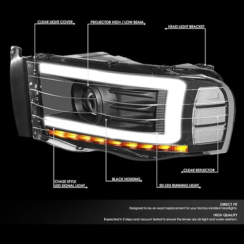 DNA MOTORING HL-LB-DR02-BK-CL1 Par de faros LED DRL compatible con 02-05 Ram 1500 2500 3500